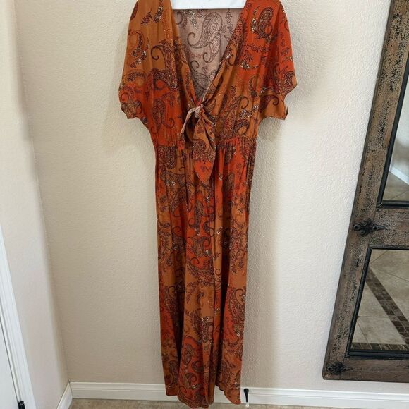 LUSH Rust Paisley Tie Knot Jumpsuit - Picture 3 of 7
